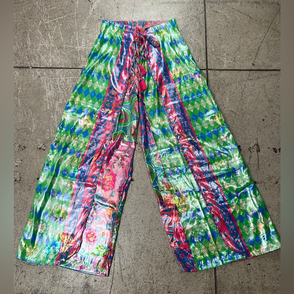 Wide Leg Printed Satin Pants - Green Multi